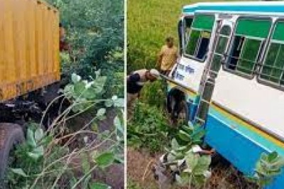 दुर्ग में पुलिसकर्मियों की बस ट्रक से टकराई:2 कॉन्सटेबल सहित 4 लोग घायल, 2 की हालत गंभीर; लॉ एंड ऑर्डर की व्यवस्था बनाने में ड्यूटी पर धमधा जा रहे थे