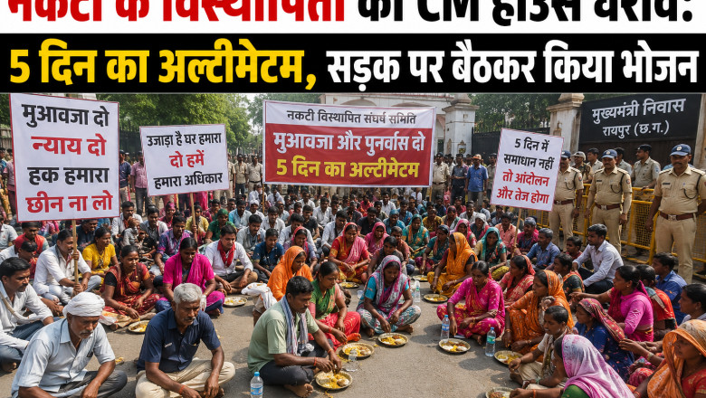 नकटी के विस्थापितों का CM हाउस घेराव: 5 दिन का अल्टीमेटम, सड़क पर बैठकर किया भोजन