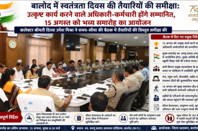 बालोद में स्वतंत्रता दिवस की तैयारियों की समीक्षा: उत्कृष्ट कार्य करने वाले अधिकारी-कर्मचारी होंगे सम्मानित, 15 अगस्त को भव्य समारोह का आयोजन...