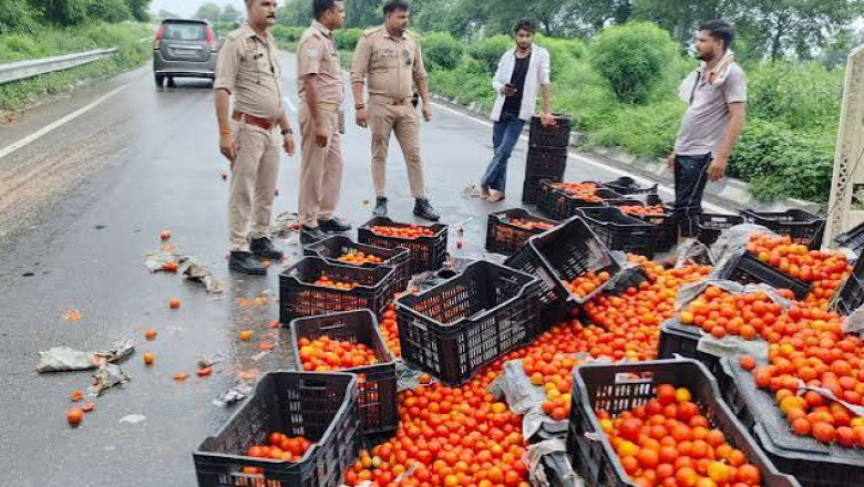 बलरामपुर में मोड़ पर पलटा टमाटर से भरा पिकअप, सड़क पर बिखरी उपज; सड़क की खामी से हादसे की आशंका