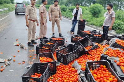 बलरामपुर में मोड़ पर पलटा टमाटर से भरा पिकअप, सड़क पर बिखरी उपज; सड़क की खामी से हादसे की आशंका